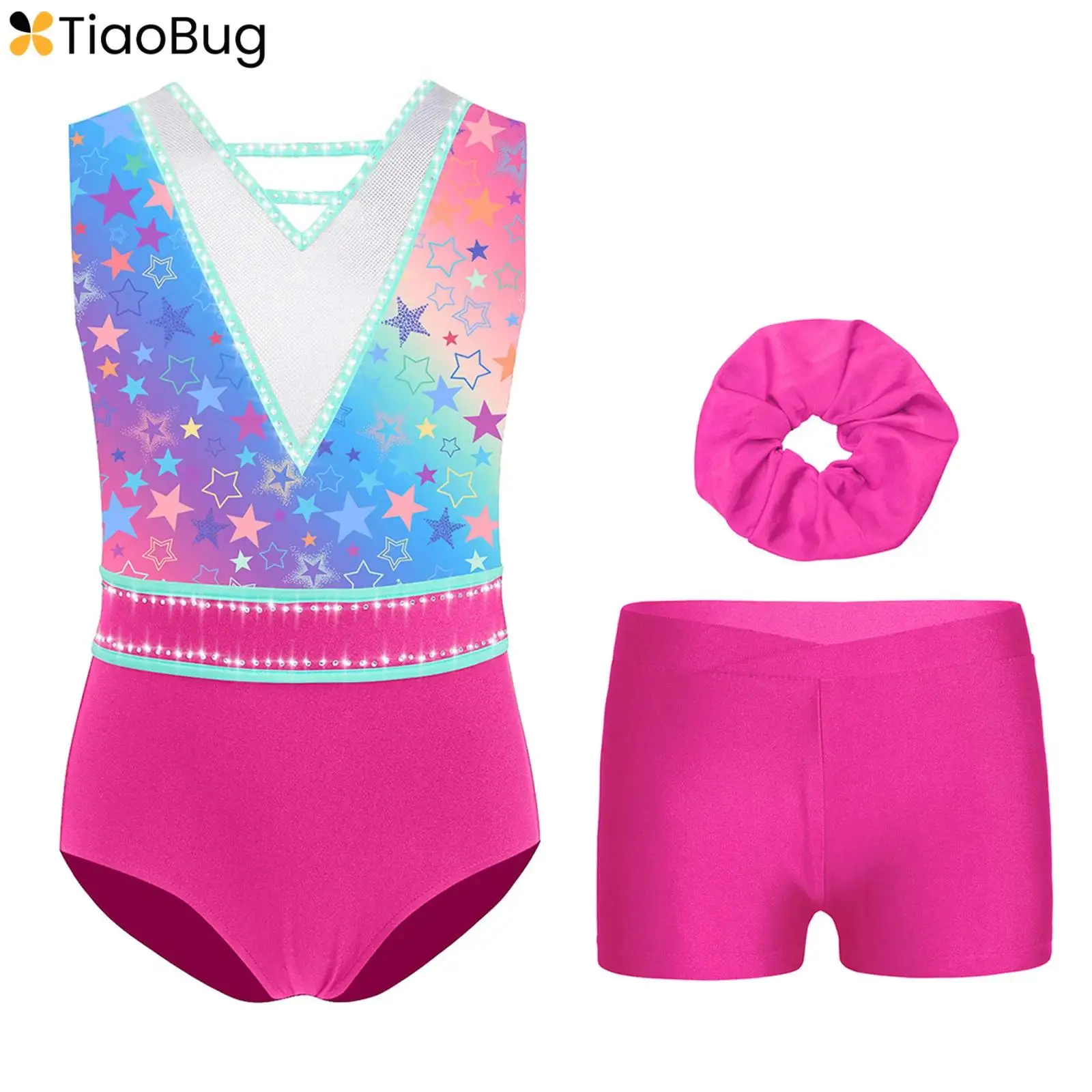 

3Pcs Kids Girls Gymnastics Ballet Dance Outfit Leopard Printed V-Neck U-Back Sleeveless Rhinestone Slim Leotard+Shorts+Hairband