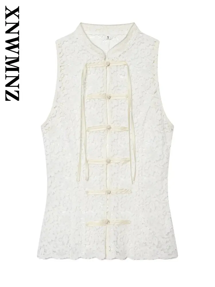 

XNWMNZ 2026 Summer New Woman's Vintage Chic Stand Collar Vest Bohemian Fashion Woman Lace Sleeveless Casual Thin Floral Slim Top