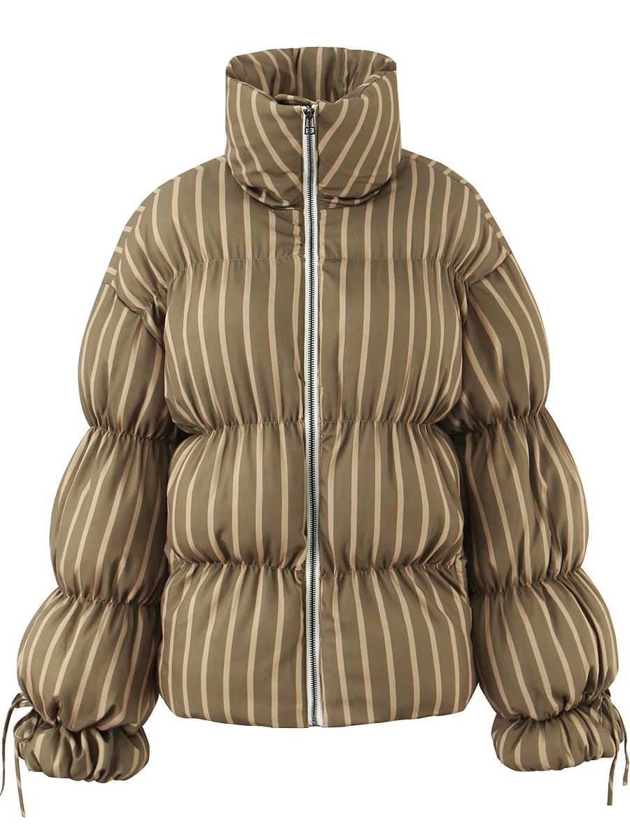

Women's Loose Fit ort Thiened Cotton Jaet Stand Collar Bread Design Stripe Pattern Warm Outerwear Spring Autumn