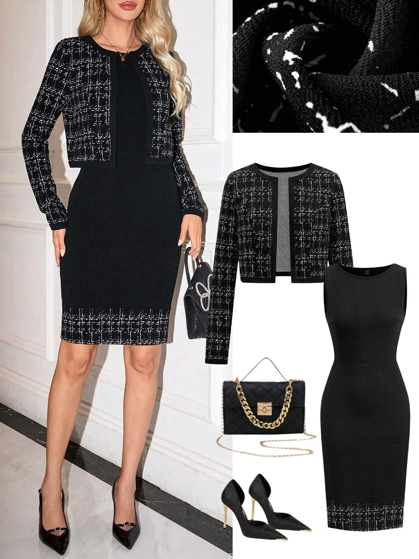

Women's Black Plaid Two-Piece Set: Knitted Dress And Cropped Jacket For Office Commuting