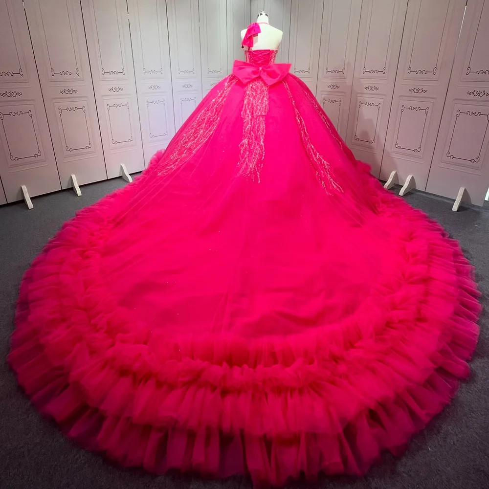 Pink Halter Quinceanera Dresses For 15 Party Princess Sleeveless Tulle Birthday Party Dress Robes vestido de 15 quinceañera