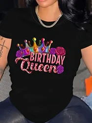 Birthday Queen Graphic Print T-Shirt - Women's Casual Crew Neck Short Sleeve Top For Summer & Spring