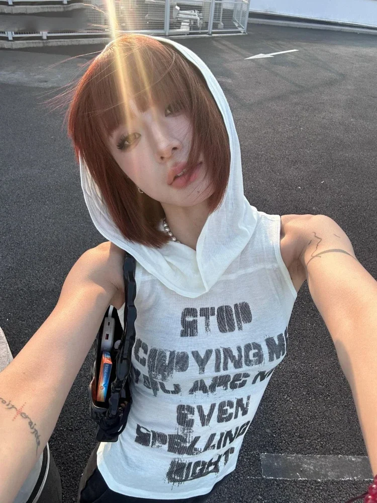 

2024 Y2k Aesthetics Hooded Tops Japanese Letter Printing Harajuku Crop Vest Streetwear Slim Fit Grunge White E-girl s