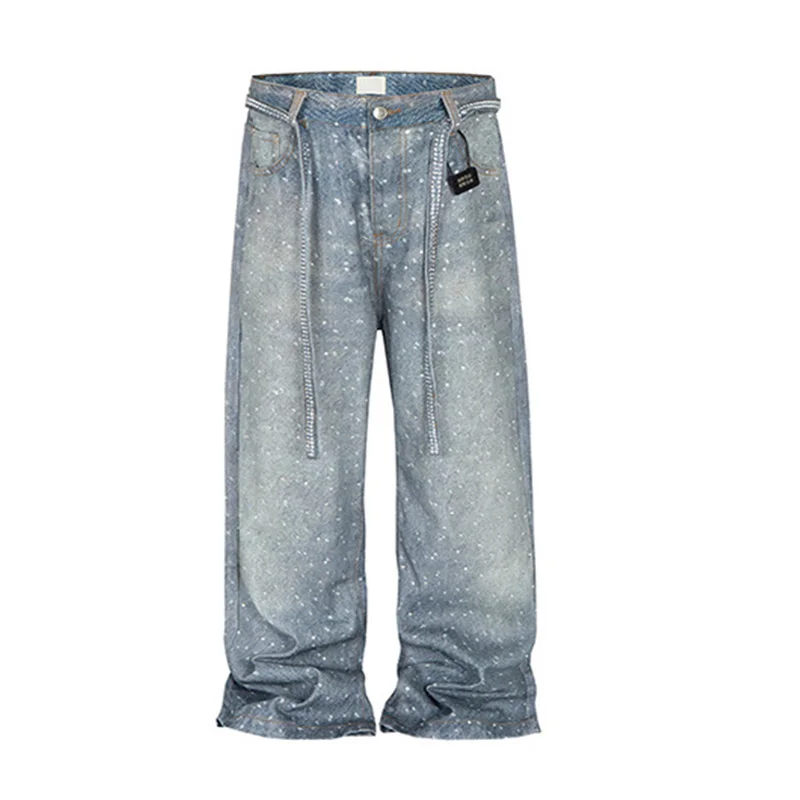 

Hi Street Baggy Casual Rhinestone Jeans Pants Vintage Harakuju Streetwear Denim Trousers For Male Straight