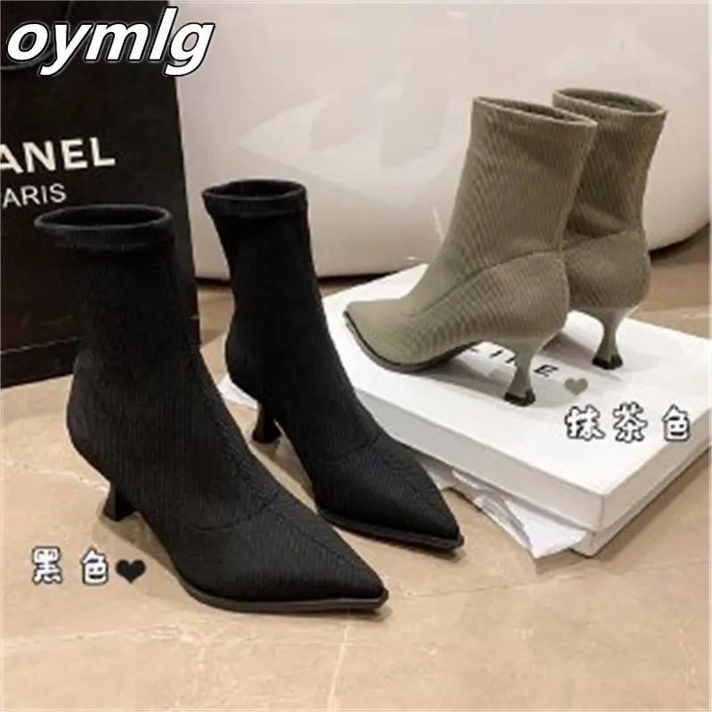 2022winter women\'s boots elastic socks boots high heels knitted skinny boots stiletto mid-tube short boots pointed toe bare boot