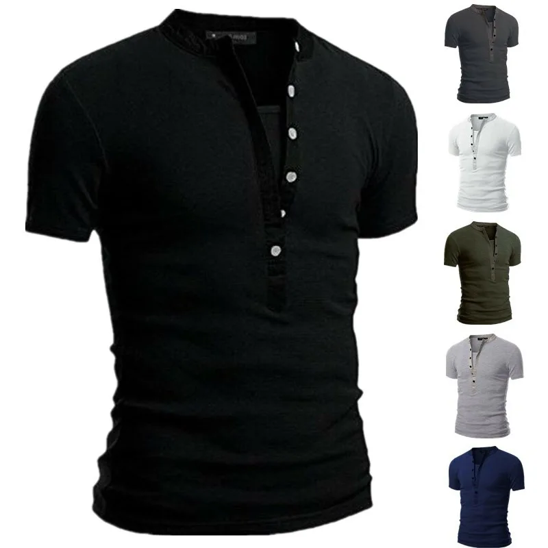 Solid Color Short-sleeved Stand-up Neck V-shaped Slim-fit Summer Men's T-shirt