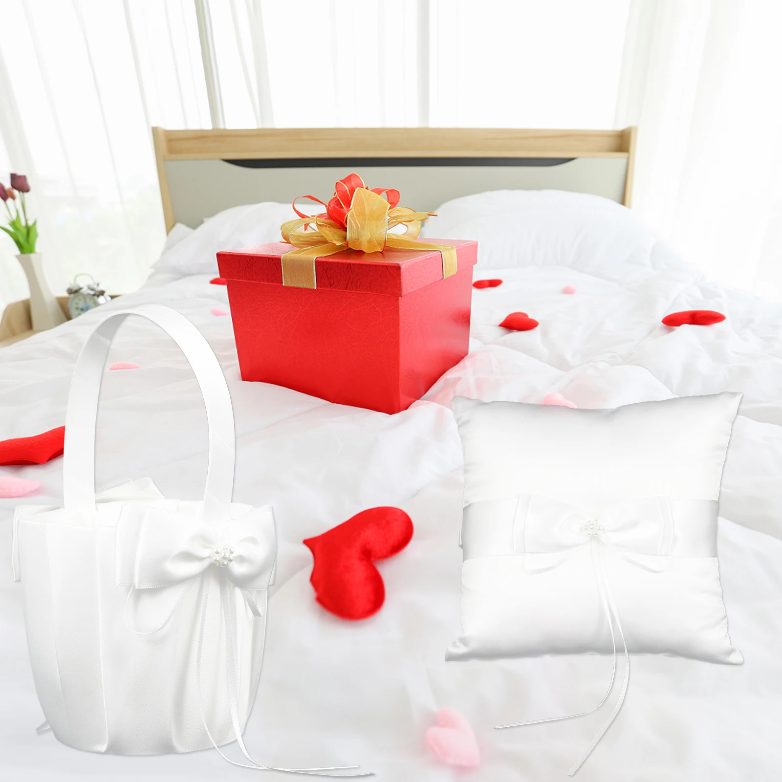 

Ring Pillow Flower Basket Wedding Decor Double Layer Bearer Pearl Bride Girls Storage Accessories Collection