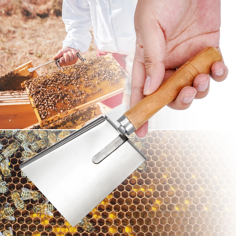 Beekeeping Shovel Bee Honey Cleaning Stainless Steel Honey Scraper Cleaner Tools For Beekeeper Supplies Wooden Handle