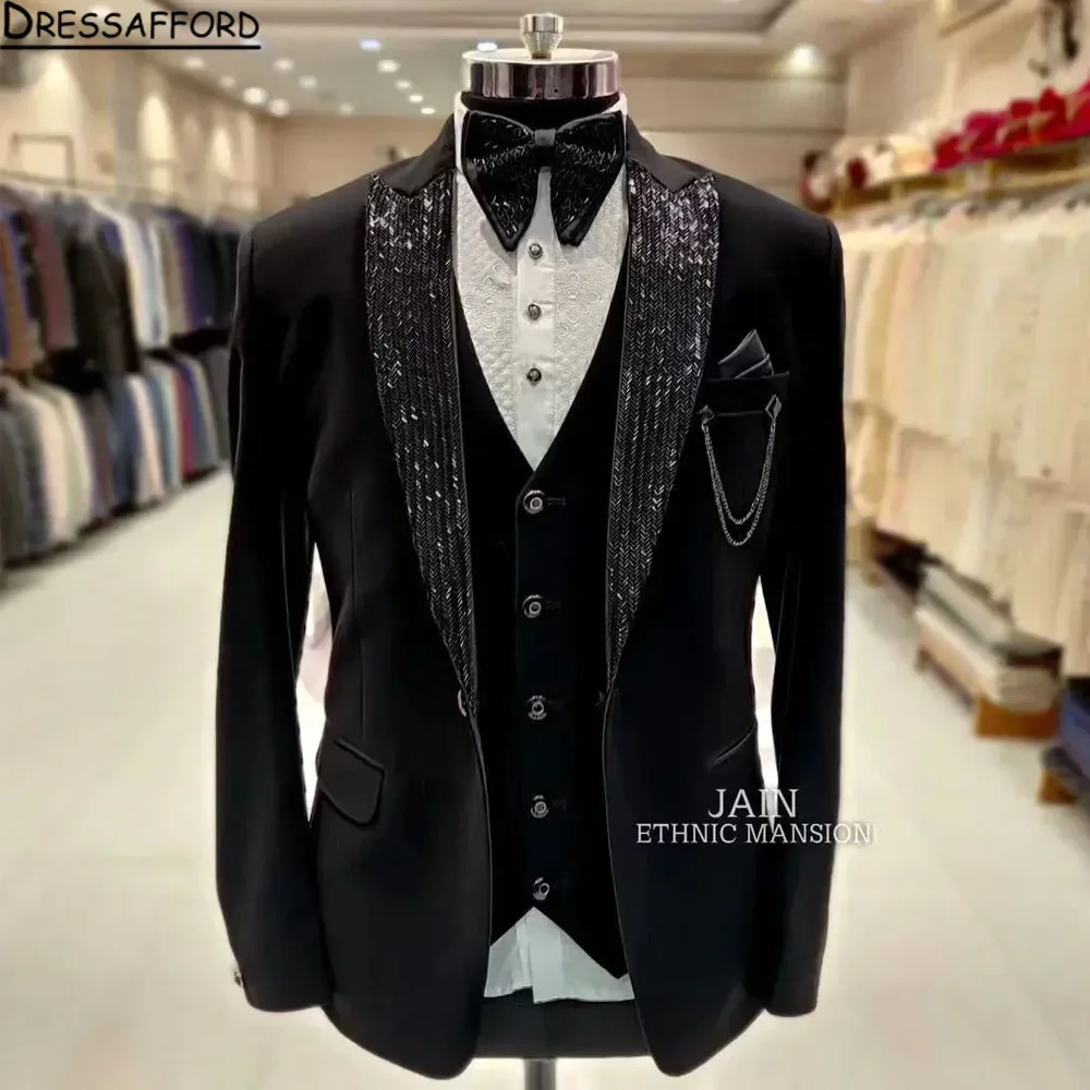 Black Men's Suits Fashion 3 Pieces Sets Groom Prom Blazers Glitter Beading Decoration Tuxedos Men