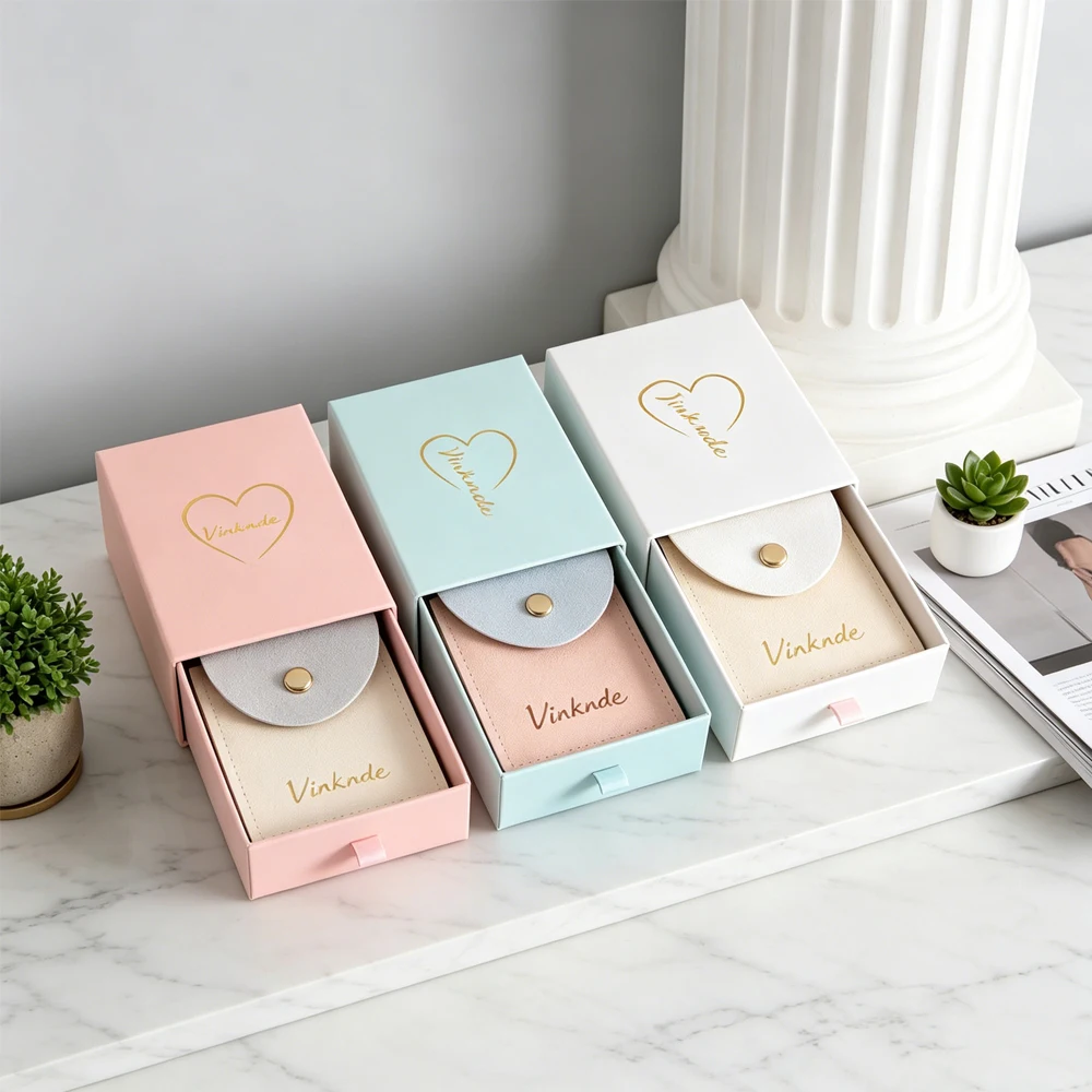 

50Pcs Custom Logo Jewelry Drawer Boxes With Microfiber Snap Bag Set Earring Bracelet Rings Keychain Cardboard Packagings Box