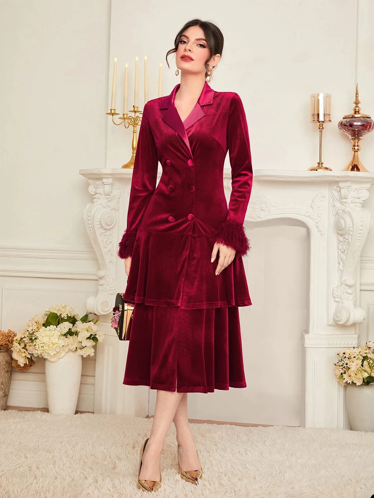 Robe de soirée en velours bordeaux pour femmes, ensemble deux pièces, veste et jupe, col en V, Tuxedos pour mariage