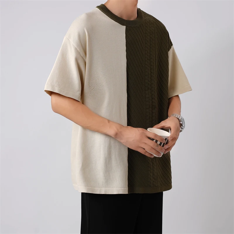 Ice Silk Thin Patchwork Apricot Green Summer Loose Short Sleeve Men Fashion Casual Oversized T Shirt Clothes Japanese Streetwear