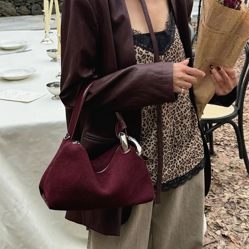 Natural Suede Pillow Bag Handbag Women Underarm Saddle Bag Metal Handle Crossbody Pouch Long Shoulder Strap Design Messenger Bag
