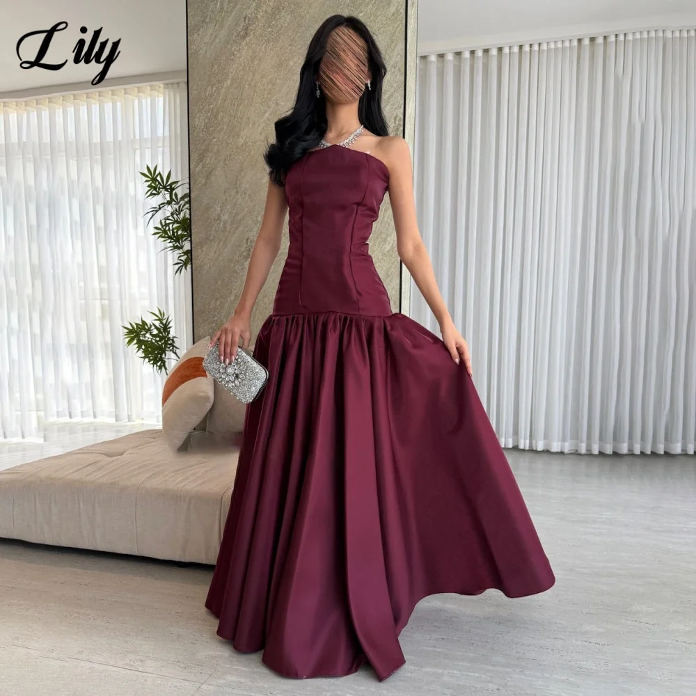 فستان سهرة من Lily Burgundy مع ثنيات بدون حمالات للحفلات الراقصة ثنيات لحفلات الزفاف مشد خلفي رداء de soirée مخصص #1