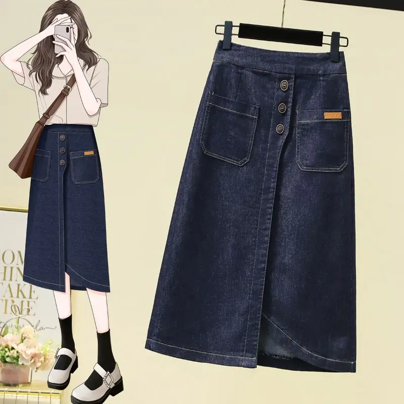 

Size Elastic Waistband Stretch Denim Mid Length Skirt Slimming A-line Split Skirt