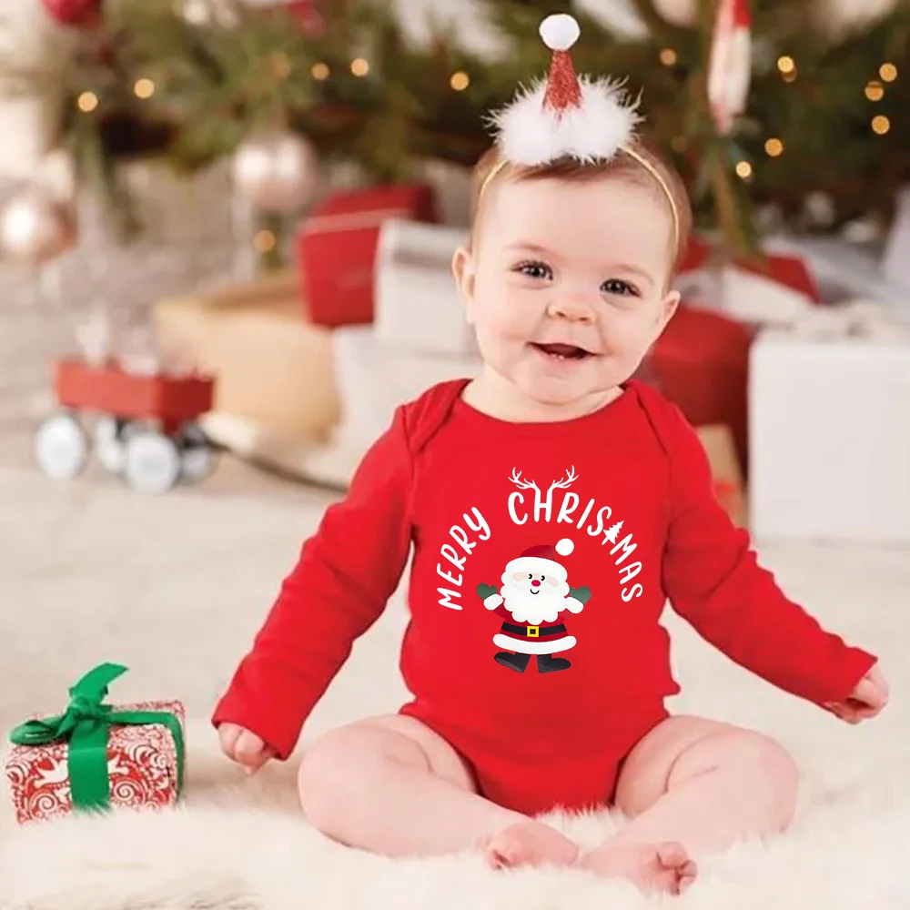 

Merry Christmas Santa Print Baby Romper Newborn Red Cotton Bodysuit Infant Christmas Outfit Holiday Toddler Long Sleeve Jumpsuit