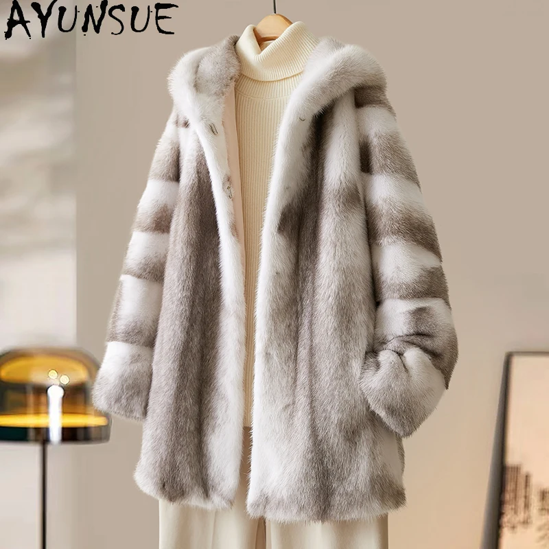 เสื้อโค้ทขนมิงค์ AYUNSUE สำหรับผู้หญิง เสื้อผ้าหรูหรา ขนแท้จากธรรมชาติ เสื้อโค้ทขนมิงค์อุ่นๆ สำหรับฤดูหนาว ความยาวปานกลาง รุ่น 2025