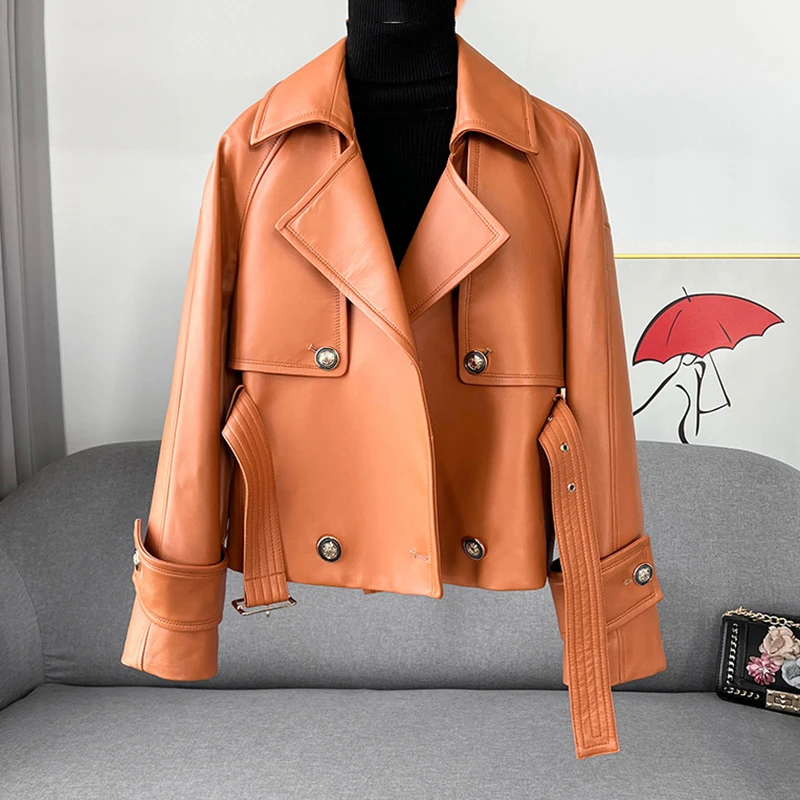 2024 New First Layer Sheepskin Jackets Women Fashion Double Breasted Belt Female Loose Real Leather Motorcycle Jackets Coats