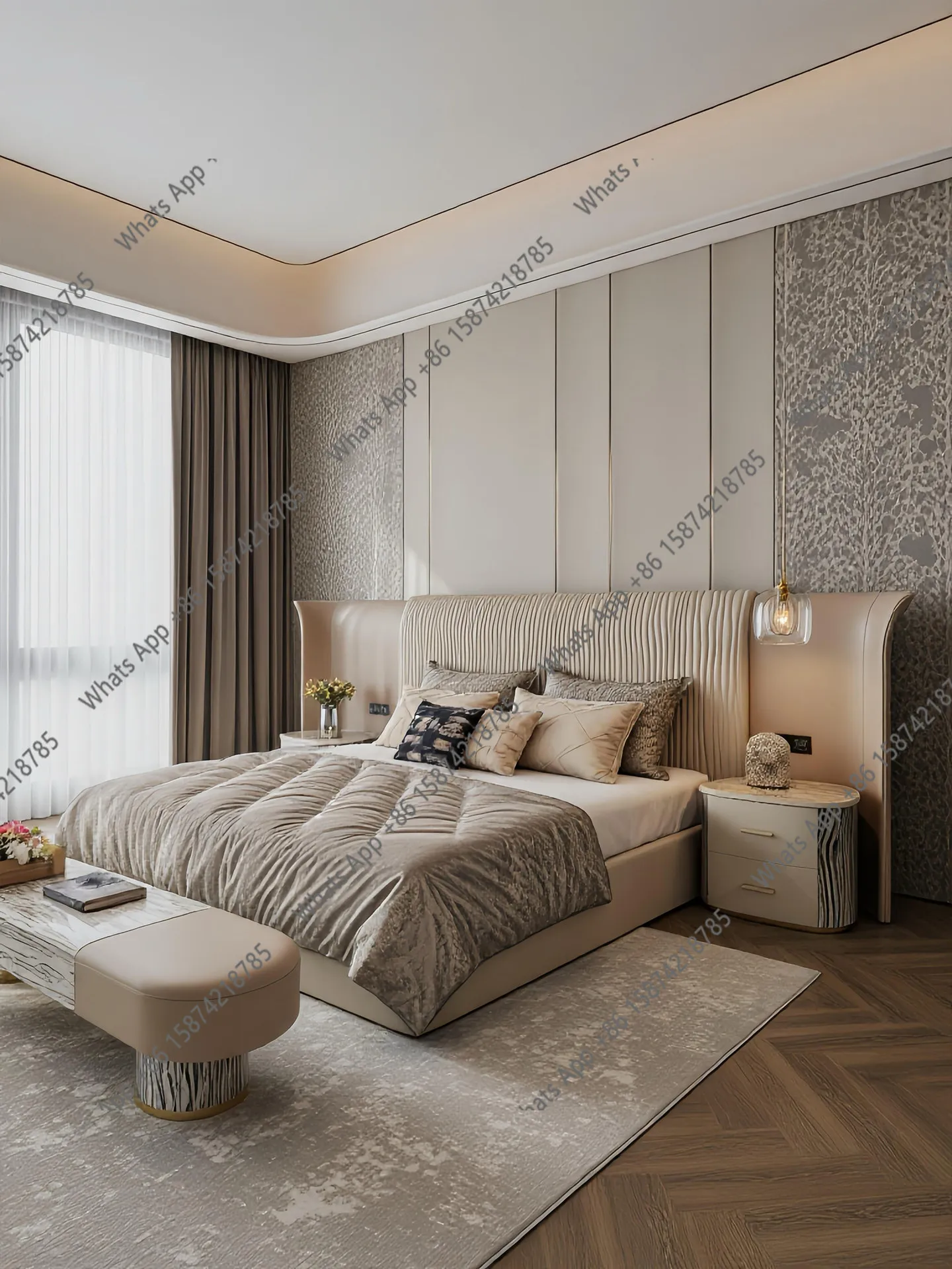 J Italian Light Luxury First Floor Yellow Cowhide Widescreen Bed Luxury Style Family Villa Large Flat Floor Master Bedroom Doubl