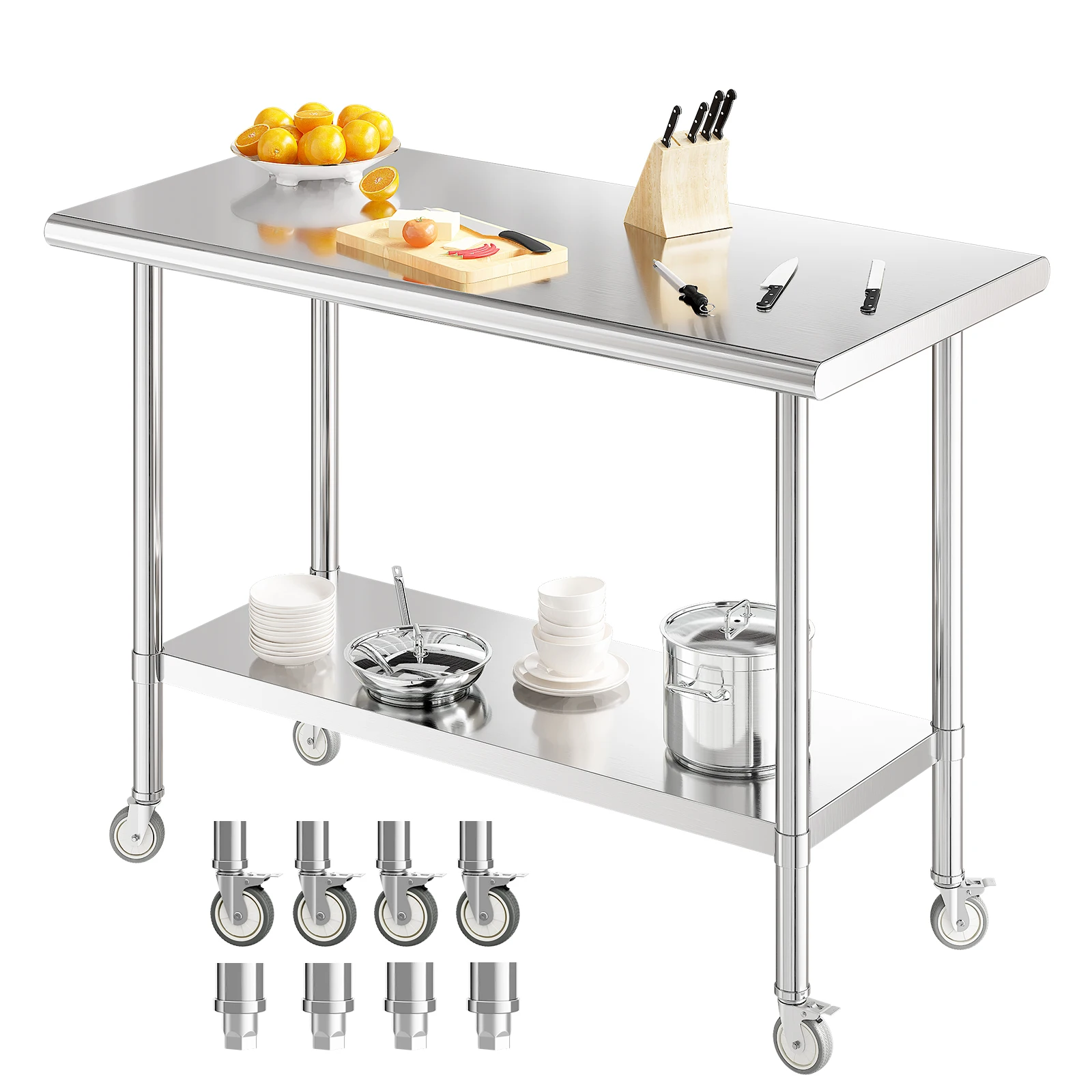 REDLIFE Stainless Steel Work Table 2-Stage Adjustable Shelf w/ 4 Wheels Heavy Duty Food Prep Worktable for Restaurant Home Hotel