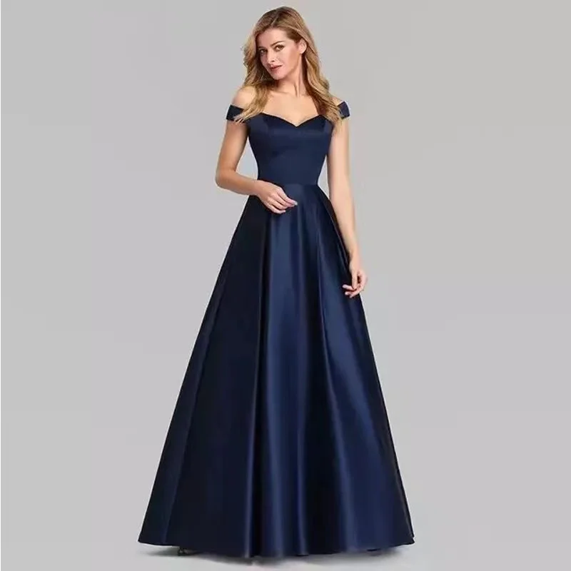 Burgundy Off Shoulder Satin Prom Dresses 2022 Women Navy Blue Evening Party Formal Bridesmaid Wedding Guest Maid of Honor Gowns