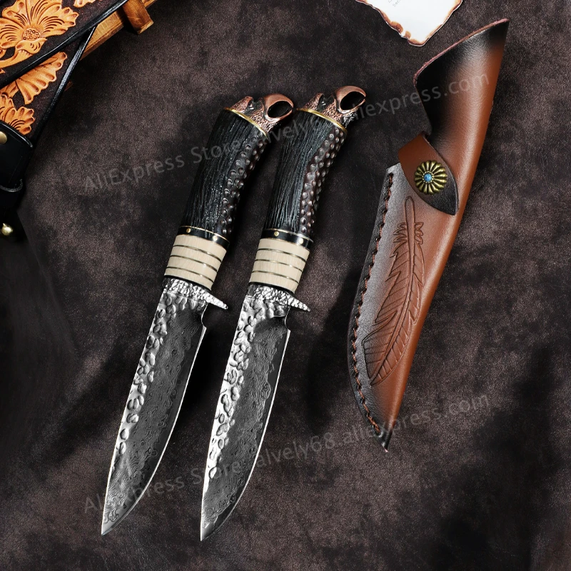 VG10 Damascus steel fixed blade, ebony handle，suitable for outdoor utility knives, wilderness survival, men knives and EDC tool