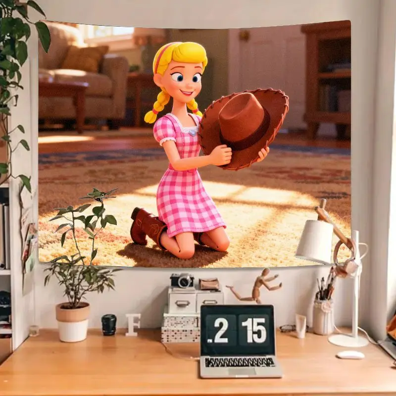 1 Buah Tapestry Gaun Kotak-kotak Merah Muda Bo Peep Toy Story, Dekorasi Seni Dinding Kartun Kawaii, Selimut Poliester untuk Kamar Tidur Ruang Tamu Anak-anak G