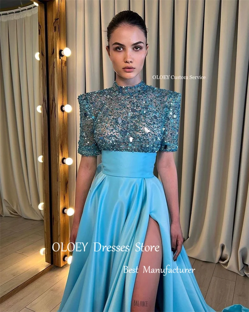 OLOEY Glitter Sky Blue Sequin Satin A Line Arabic Evening Dresses High Neck Split Dubai Women Formal Prom Gowns Party Dress