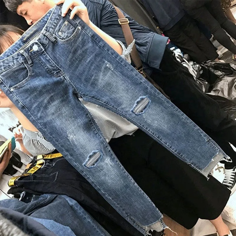 High Waist Slim Fit Denim Jeans Women's Autumn Fashion Torn Hole Style plus Size Cotton Stretchy Bootcut Pants