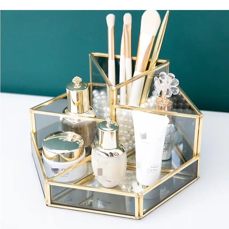 

Brass Glass Storage Bucket Cosmetic Box Makeup Brush Rack Shelf Jewelry Organizer