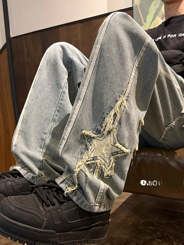 

Retro American Embroidered Wide Leg Men's Jeans Spring Autumn Loose Straight Cut Floor-Length Trendy High Street Sle