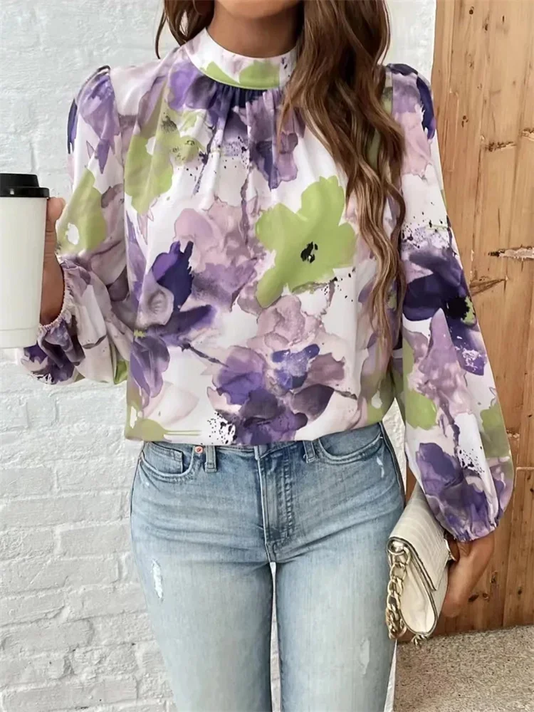 Women Spring Autumn Style Blouses Shirts Lady Casual Long Lantern Sleeve Stand Collar Printed Blouse Tops