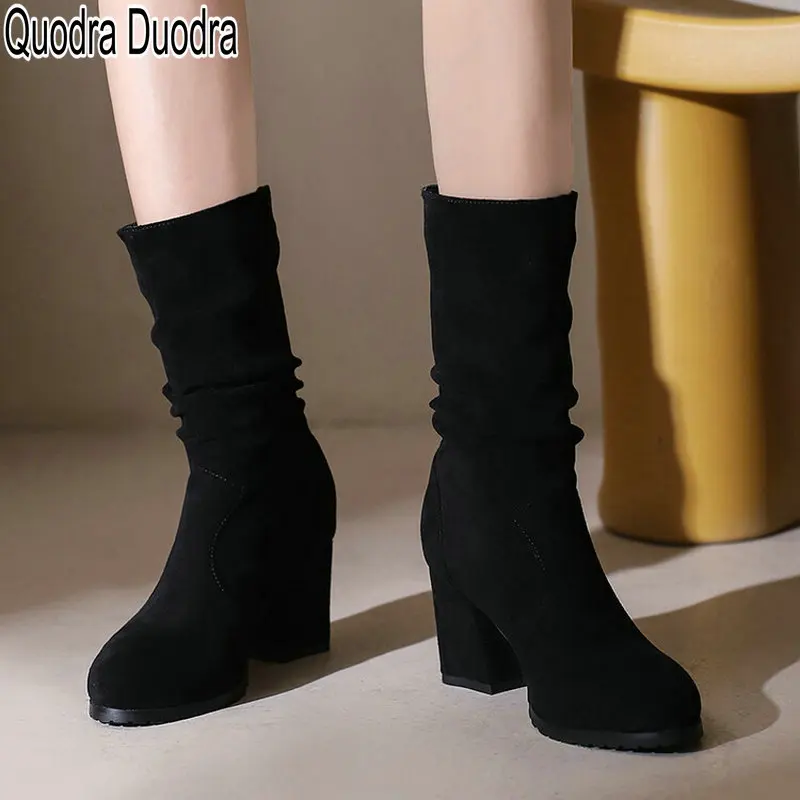 Stiefel neue Frauen weibliche Schuhe lange dicke Absätze Mode Winter solide 45 spitzen Zehen Slip auf Dame lässig Lers ure klobig warm