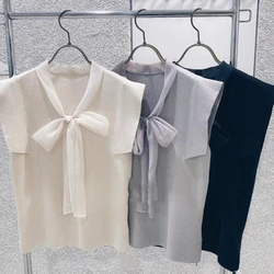 WAKUTA Sleeveless Solid Color V Neck Jumper Slim Elegant Pull Femme Early Spring 2024 Japanese Retro Sweet Bow Ribbon Sweaters