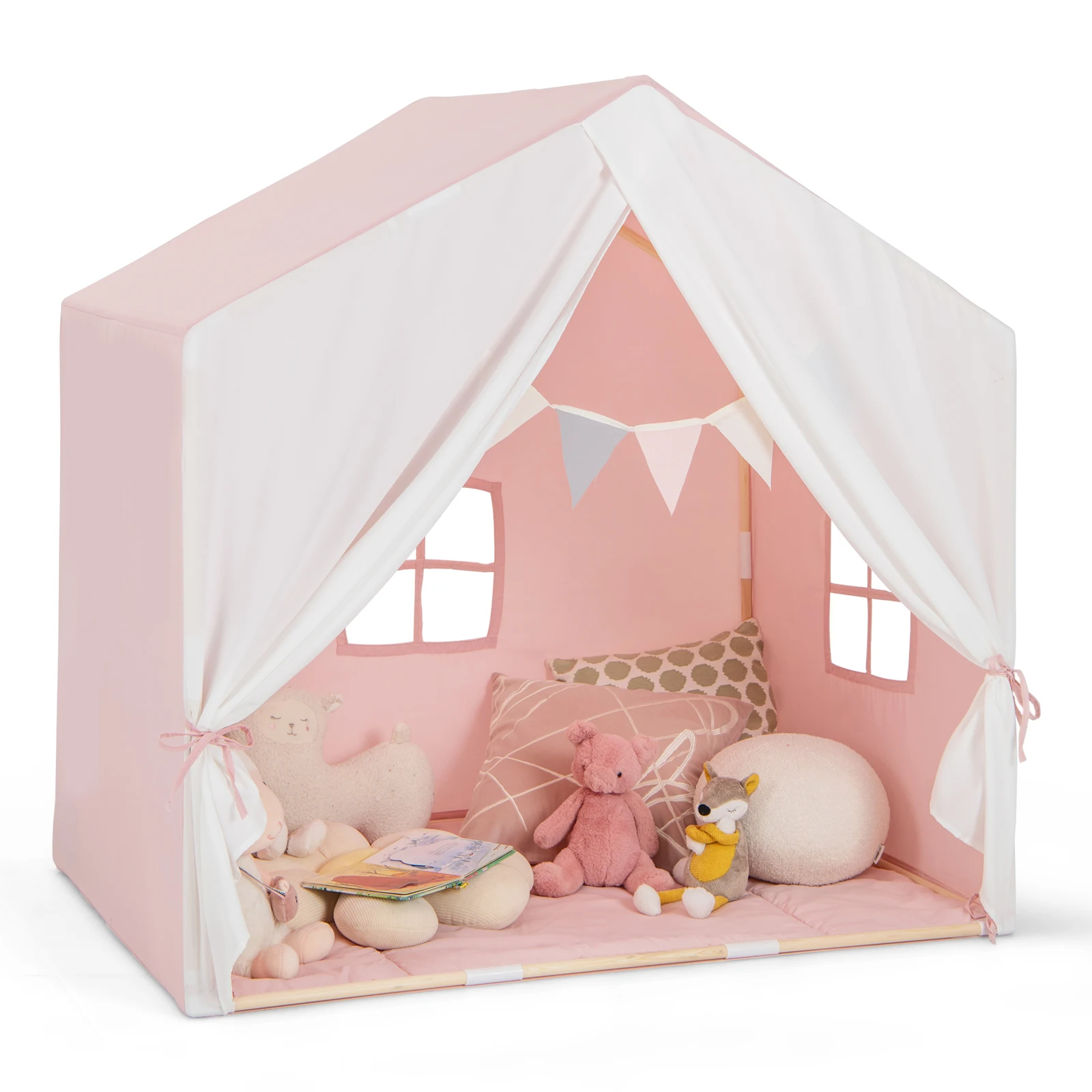 Kid's Play Tent Toddler Playhouse Castle Solid Wood Frame w/ Washable Mat Pink