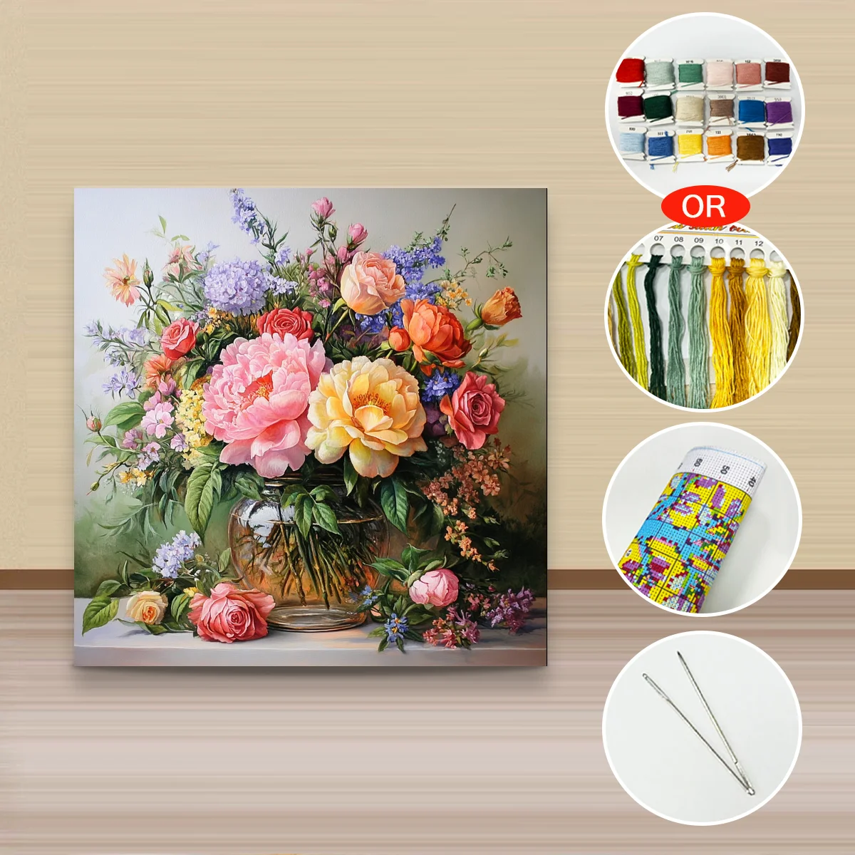 1 Stück 40x40 cm/15,74 Zoll, 11Ct/14Ct Kreuzstich-Set, DIY Valentinstagsgeschenk, Stickerei-Set für Festlichkeiten, Glasvase mit Blumenstrauß – Detail 2