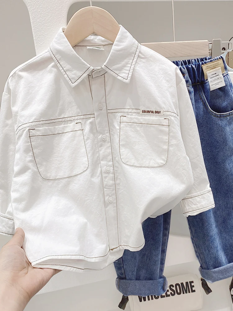 Fashion Boys Cotton Shirt Turn Down Collar Long Sleeved Children White Shirts Korean Style 2024 Spring Autumn Boys Outerwear