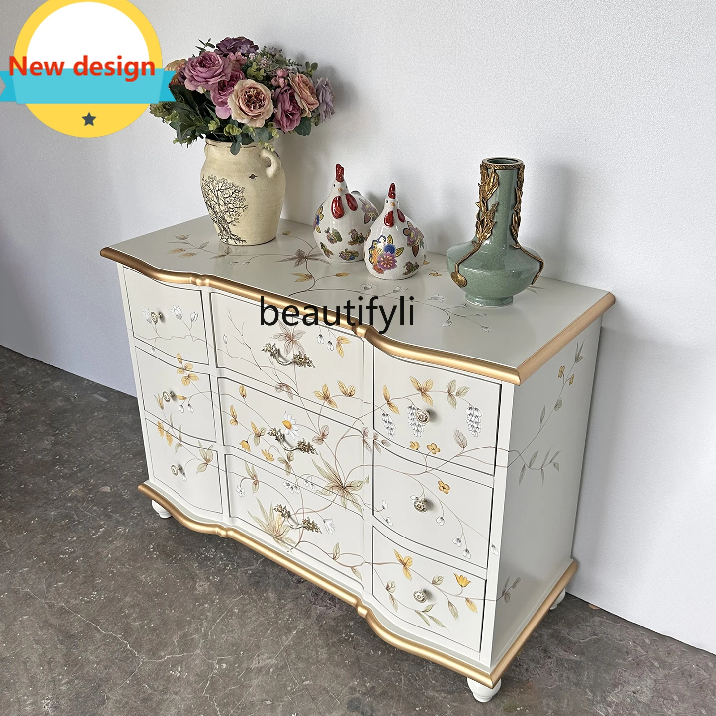 

French Style Living Room Entrance Cabinet American Style Painted Hallway Storage Cabinet Bedroom Light Luxury Drawer Cabine