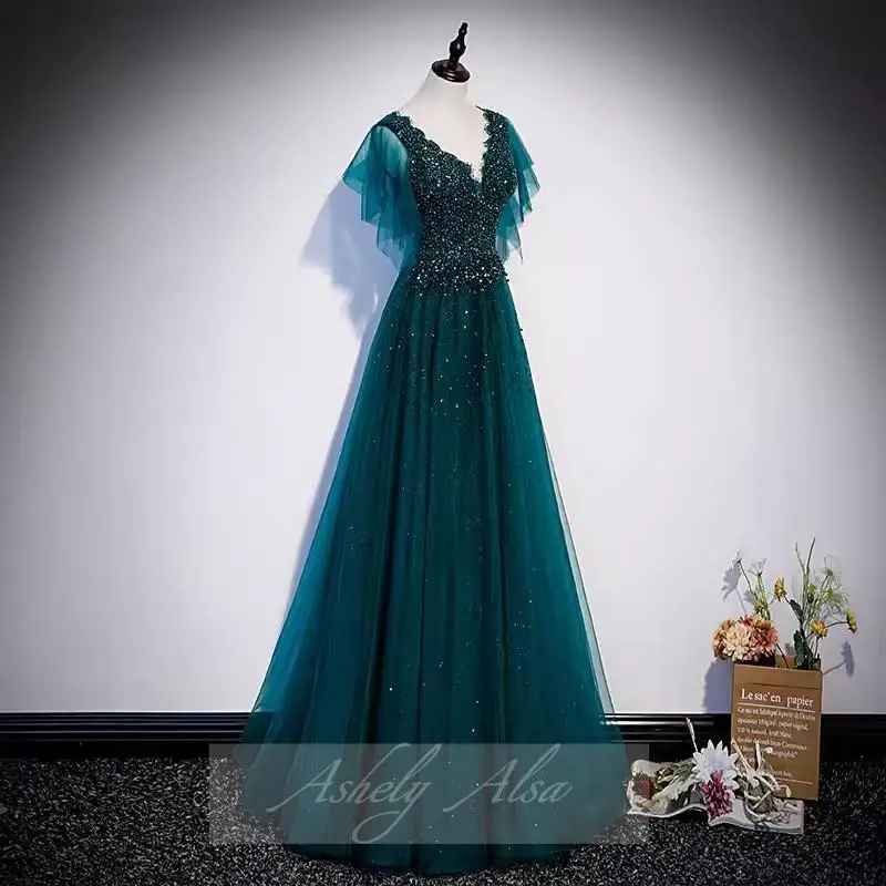 AA173 Angepasst Echt Bild Hunter Green Abend Formale Kleid Kurzarm Pailletten Frauen Formale Besondere Anlässe Party Kleid