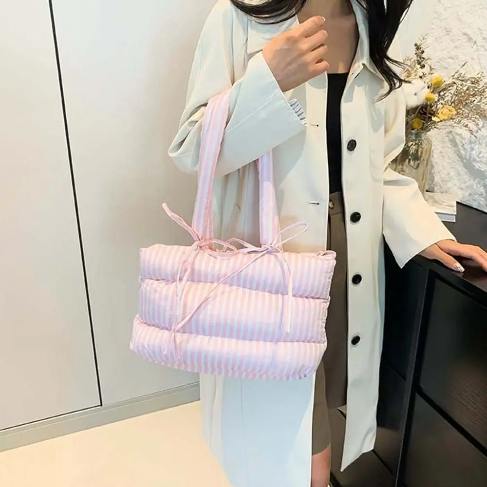 Casual Korean Style Space Cotton Tote Bag Large Capacity Bowknot Cloud Bag Stripe Solid Color Nylon Bow Handbag Office Worker