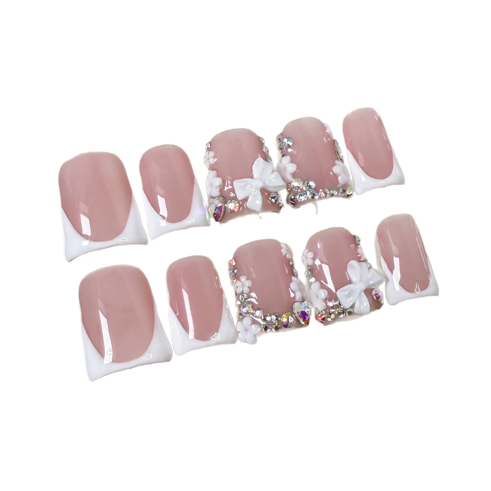 10 قطعة الصحافة الفرنسية اليدوية على الأظافر ثلاثية الأبعاد القوس الأبيض منقار البط أظافر وهمية نصائح يمكن ارتداؤها بسيطة عارية اللون التوابل الفتيات الأظافر كاذبة