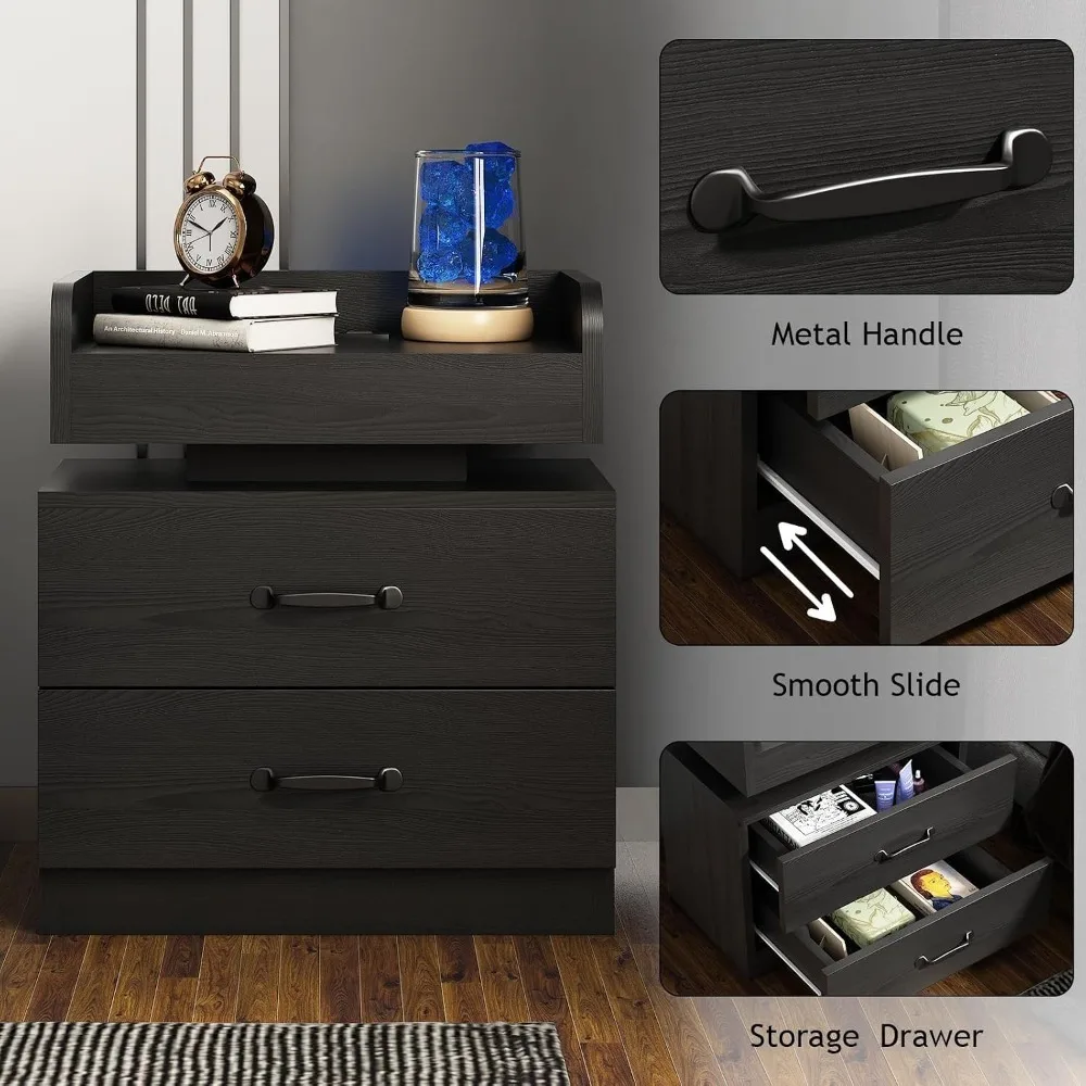

Black Night Stand with LED Lights and Charging Station Modern Bedside Table with Storage Drawers End Table for, Customized