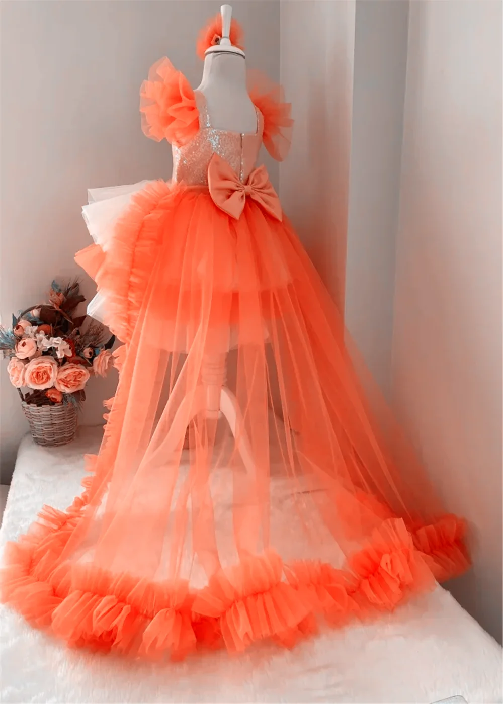 Flower Girl Dress Puffy Tulle Orange Tiered Bow Tailing Sleeveless For Wedding Princess Birthday Party Ball First Communion Gown