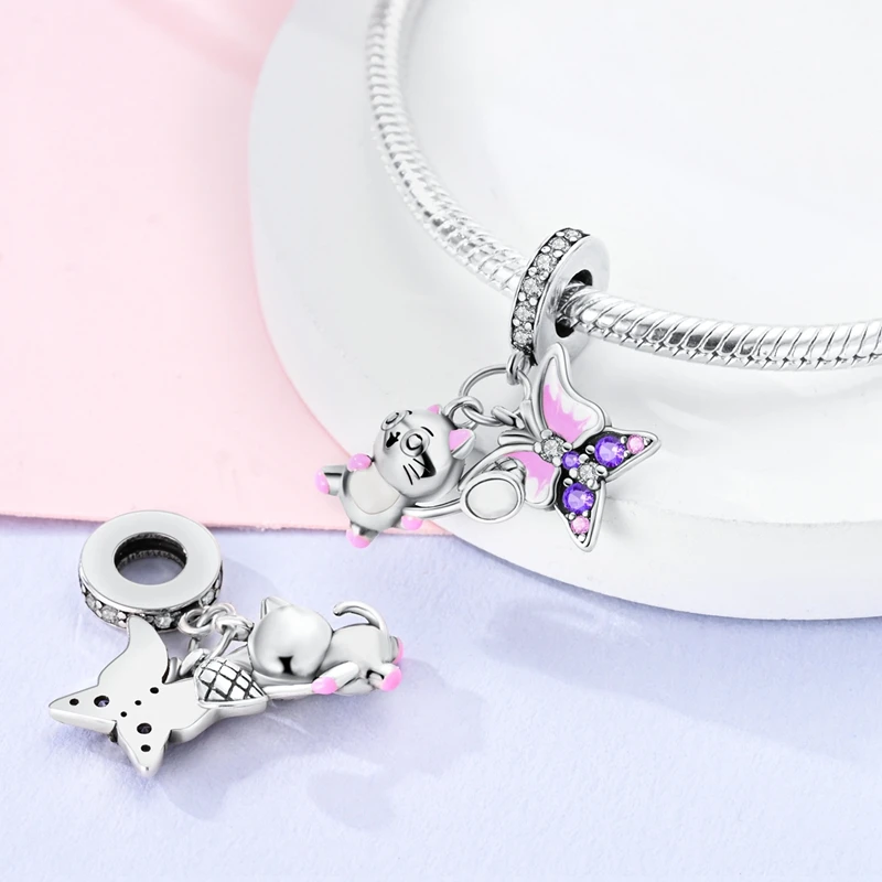 Breloques en argent regardé 925 pour bracelets Pandora originaux, série d'animaux mignons, chat et chien, pendentif en perles, cadeau de bijoux à bricoler soi-même, S925, offre spéciale