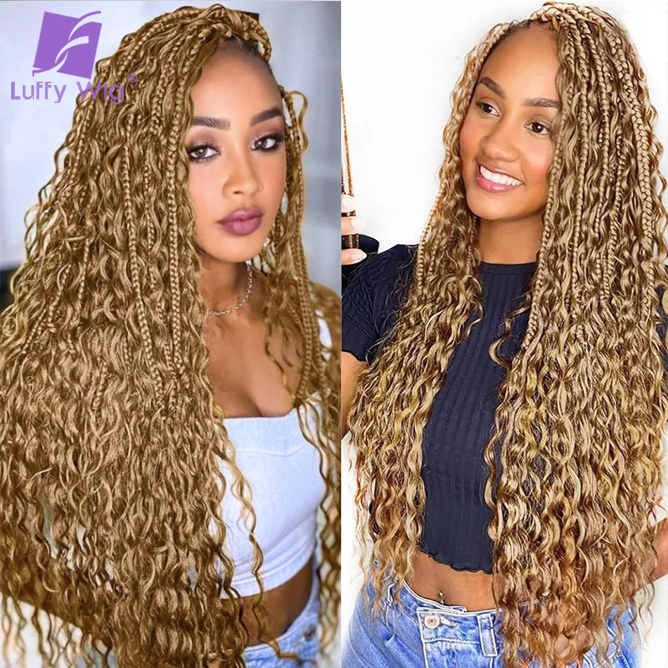 Pre-looped 27 # warna Crochet Boho kotak kepang rambut manusia keriting berakhir dewi Boho kepang 120 bundel rambut ekstensi Extensions