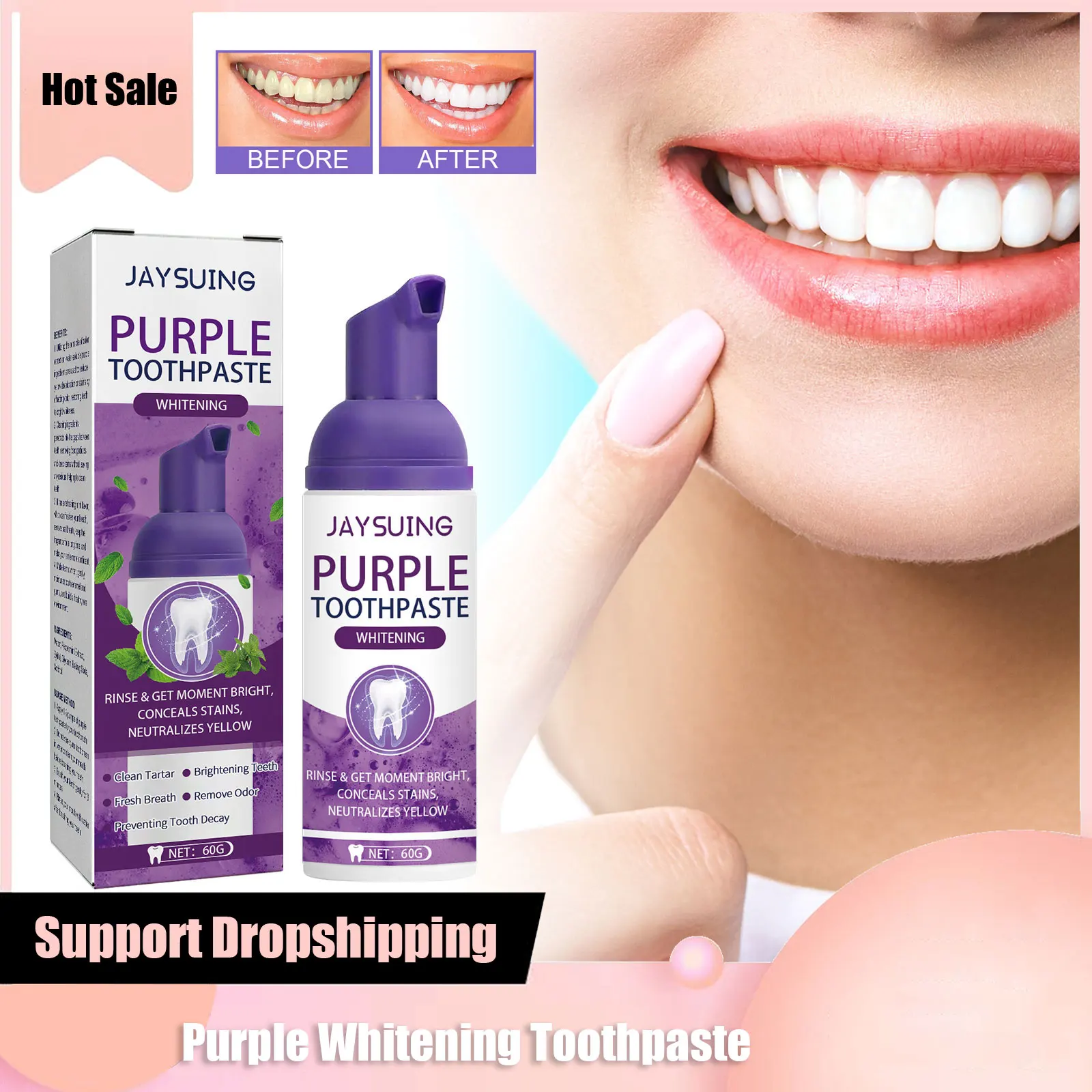 Purple Whitening Toothpaste Colour Corrector Teeth Cleaning Stain Dental Plaque Neutralizes Yellow Tones Fresh Breath Easy Smile