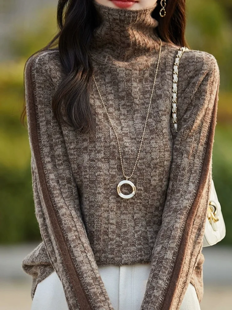 เสื้อสเวตเตอร์ถักคุณภาพสูงสำหรับผู้หญิง ใส่เป็นเสื้อตัวในได้ เหมาะสำหรับฤดูใบไม้ร่วงและฤดูหนาว รุ่นใหม่ล่าสุด ทรงเข้ารูป ผ้าผสมเนื้อนุ่ม แขนยาว คอสูง