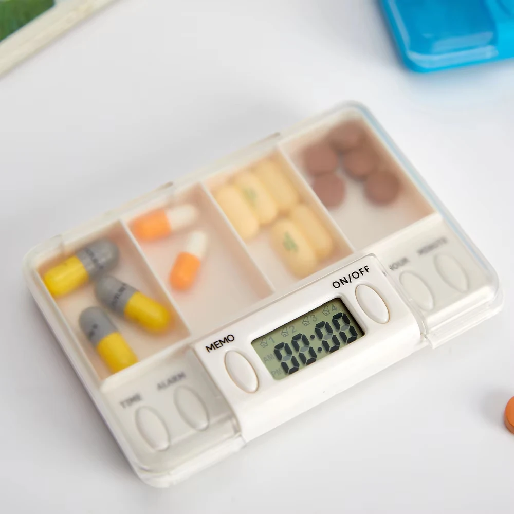 4 Grids Intelligent Reminder Pill Box Electronic Timing Alarm Vibration Reminder Medicine Box Travel Outdoor Pill Cases