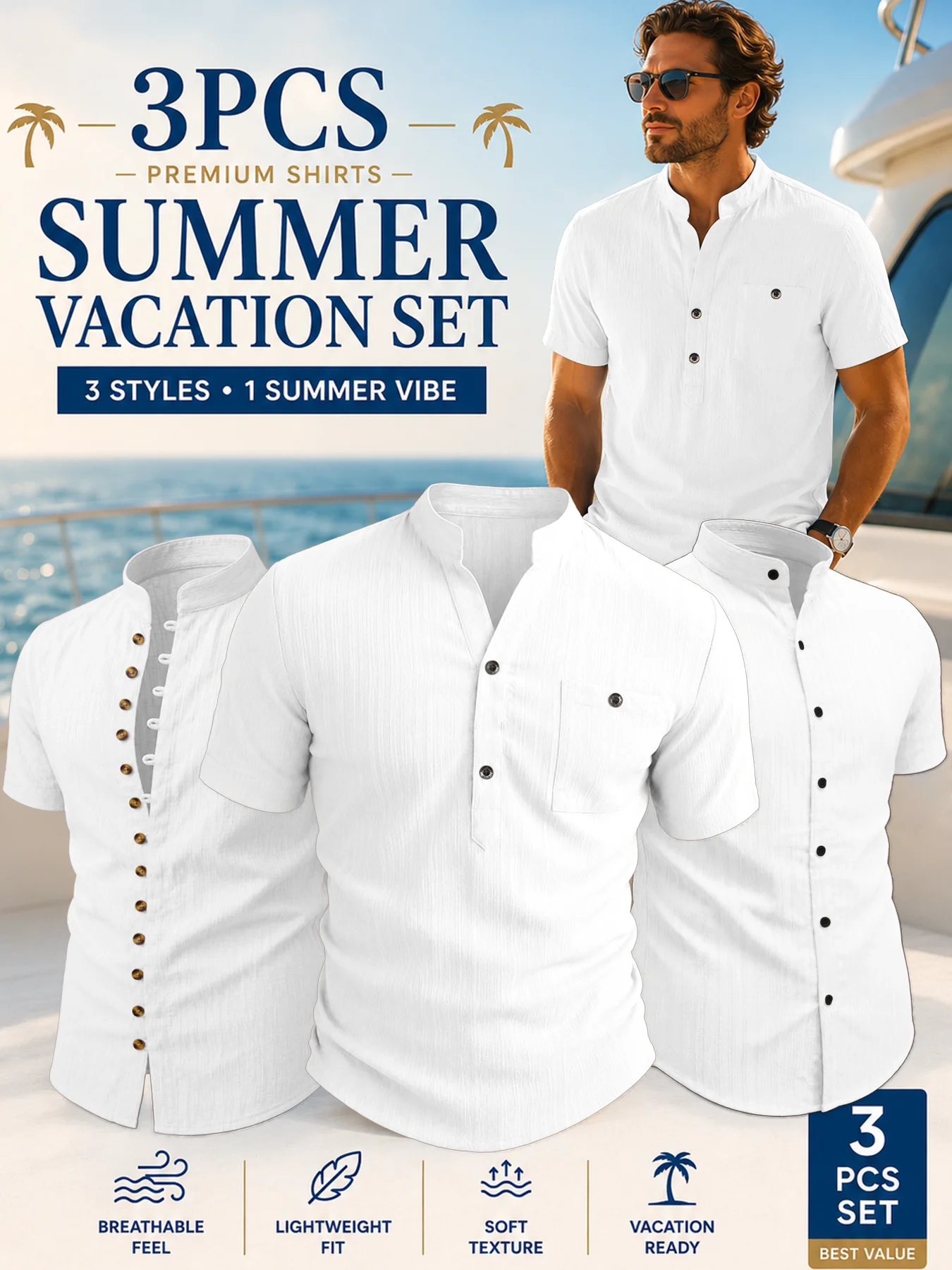 

3PCS Men's Short Sleeve Stand Collar Shirts, 3 Different Styles Textured Casual Summer Beach Vacation Button Tops