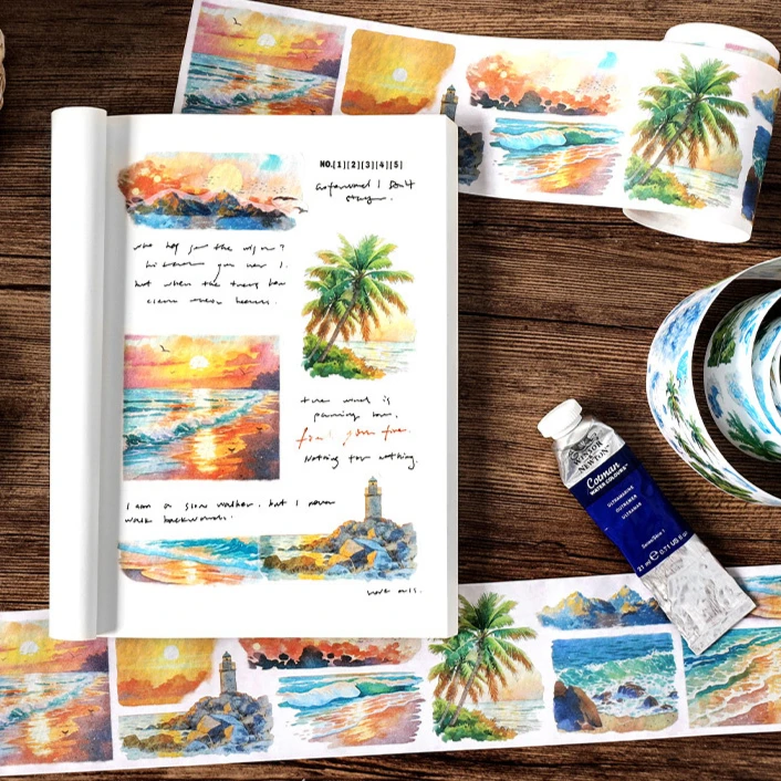 Mr. Paper,200cm/roll,Twilight Sunset Mountain Sea Shell Wave Theme Sticker Tape,Decorative Scrapbook Notebook Phone Case Sticker